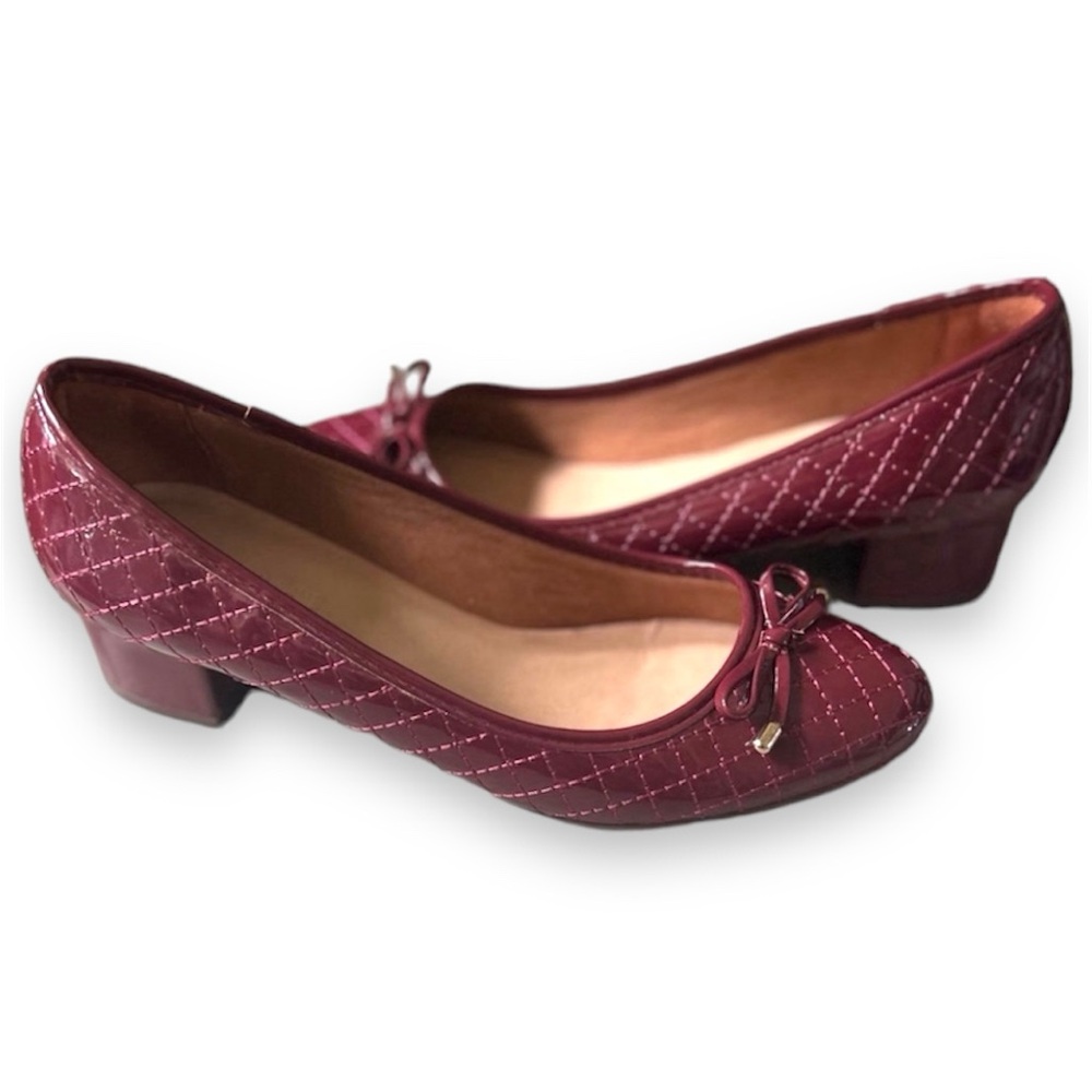 Corello Bow Low Chunk Heels Bordeaux Patent Leather Contrast Stitching 8